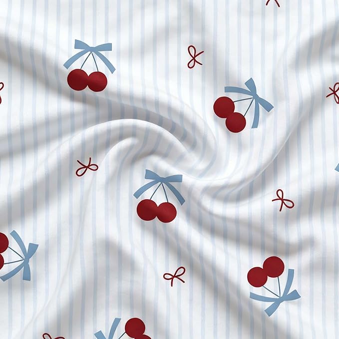 Nayoroom Blue Striped Bow Duvet Cover Queen Size Red Cherry Duvet Cover 3 Pieces Soft Lightweight Microfiber Girls Cute Aesthetic Dorm Bedding Set with Zipper Closure