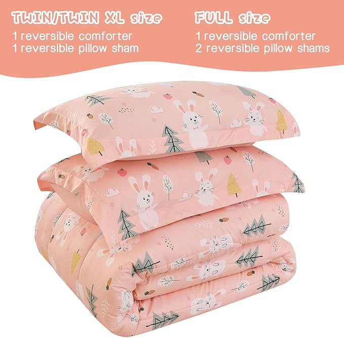 Yibeizi Pink Bunny Kids Comforter Set for Girls Twin, Cute Quilted Printed Woodland Bedding Set with Pillow Sham, Lightweight Soft Breathable Machine Washable Bed Set 2 Piece