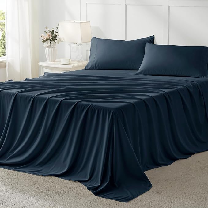 Anluoer King Size Bed in a Bag 7 Pieces, Navy Blue Bed Comforter Set with Sheets, All Season Bedding Sets with 1 Comforter,2 Pillow Shams,2 Pillowcases, 1 Flat Sheet, 1 Fitted Sheet