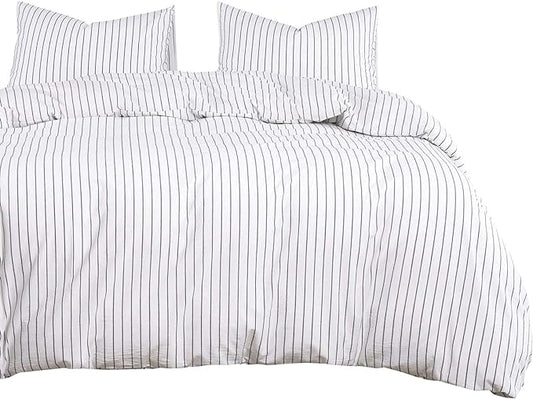 Wake In Cloud - Striped Cotton Duvet Cover Set, Ticking Stripe Vertical Pinstripe Farmhouse, 100% Washed Cotton Textured Percale Bedding Set, 3 Pieces, White, Full Size