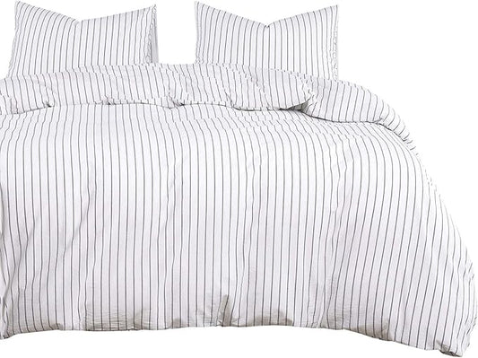 Wake In Cloud - Striped Cotton Duvet Cover Set, Ticking Stripe Vertical Pinstripe Farmhouse, 100% Washed Cotton Textured Percale Bedding Set, 3 Pieces, White, Queen Size