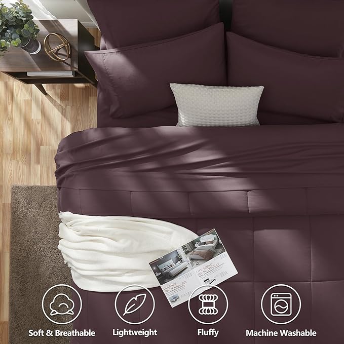 CozyLux Full Size Comforter Set Cocoa Powder, 7 Pieces Bed in a Bag, Cocoa Powder Comforter Full Size, All Season Bedding Sets with Stitch Quilted Comforter, Flat Sheet, Fitted Sheet, Pillowcases