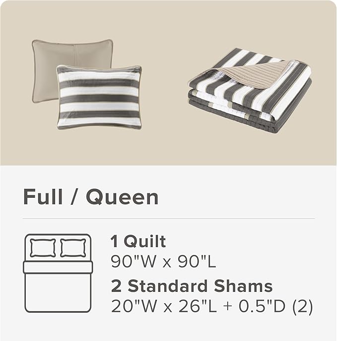 Comfort Spaces Queen Quilt Set Trendy Casual Fun, Vibrant Color Stripes Design, All Season Lightweight Coverlet Bedspread Queen Size Bedding & Shams, Verone, Full/Queen, Grey, 3 Piece