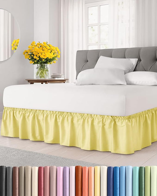 Wrap Around Dust Ruffle Bed Skirt - Yellow - for King Size Beds with 15 Inch Drop - Easy Fit Elastic Strap - Adjustable Pleated Bedskirt w/Brushed Fabric - Wrinkle Free - for Women, Men, Kids & Teens