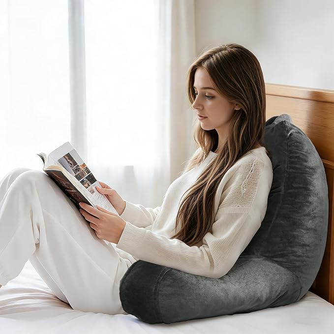 Reading Pillow for Sitting in Bed Adult, 19" Reading Pillow with Shredded Memory Foam, Back Pillow for Sitting Up with Extend Arms, Pockets, Bed Pillow with Washable Cover, Grey