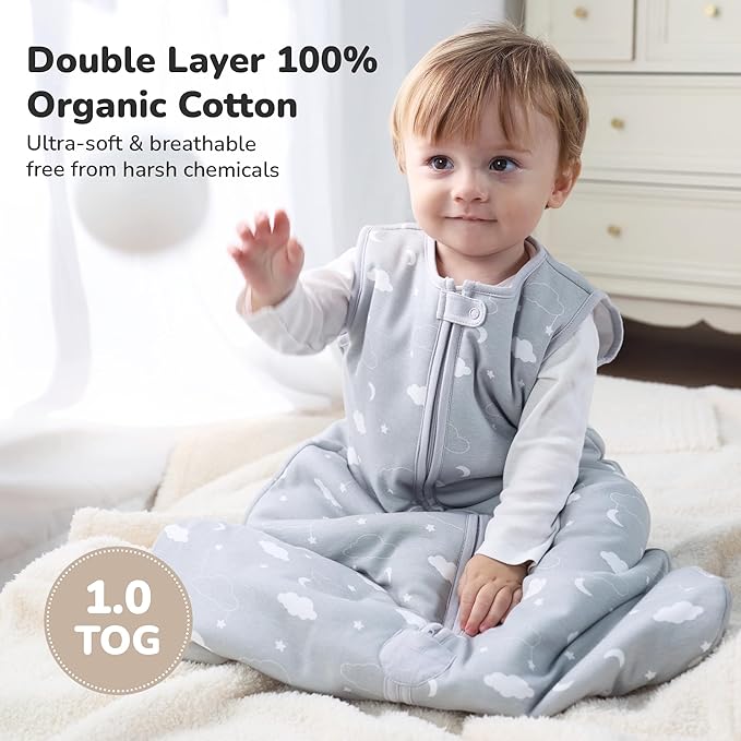 Baby Sleep Sack 1.0 TOG, Organic Cotton Baby Wearable Blanket with Two-Way Zipper, Swaddle Transition Baby Sleeping Bag, All-Season Sleep Sack for Newborn Infant Toddler Boy Girl, 0-6 Months, 1-Pack