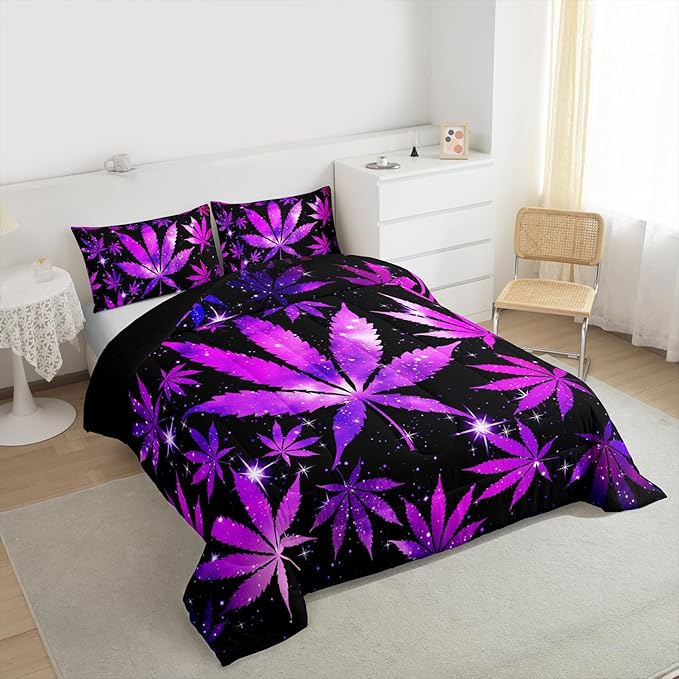 Erosebridal Purple Black Comforter Set Queen Size Hippie Leaf Bedding Sets for Adults Women Men,Leaves Galaxy Comforter Botanical Bed Quilt Set 2 Pillow Cases