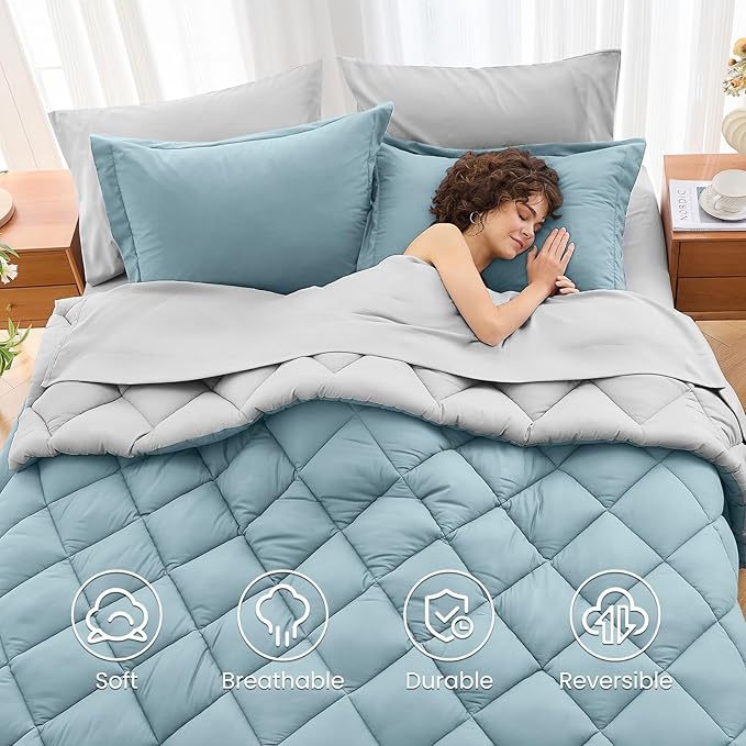 MUXHOMO 5 Pieces Twin XL Comforter Set, Reversible Bed in a Bag Twin XL Size, All Season Bedding Set with Comforter, Flat Sheet, Fitted Sheet, Pillowcases & Shams, Greyish Blue & Light Grey