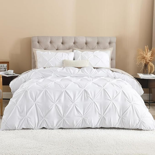 Litanika White King Pinch Pleat Duvet Cover, 3 Pieces Pintuck Cover Soft Microfiber Bedding Set with Zipper Closure & Corner Ties(104x90Inch-1 Duvet Cover, 2 Pillowcases)