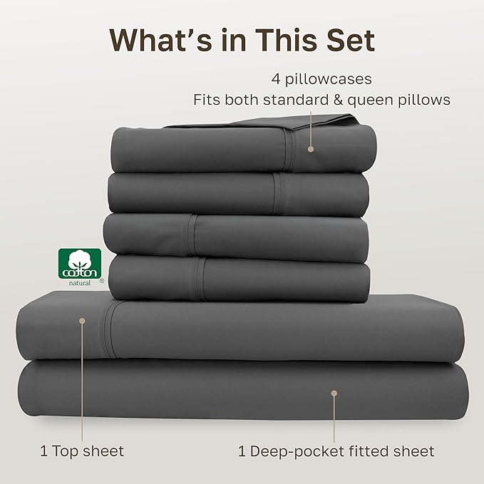California Design Den 6-Pc Queen Size Sheet Set with 4 Pillowcases - 400 Thread Count 100% Cotton Sheets, Sateen Weave, Deep Pocket Bedsheets Set - Grey