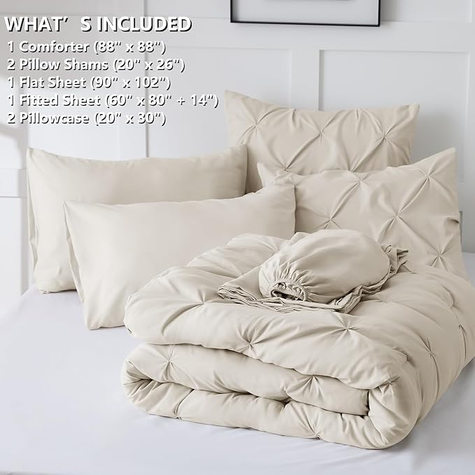 Queen Comforter Set Beige, 7 Pieces Pintuck Bed in A Bag Queen Size Bedding, Soft Bed Set All Season Pinch Pleat Comforter Set with Sheets, Pillowcases & Shams