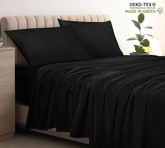 Royale Linen 400 Thread Count 100% American Grown Cotton Flat Sheet - Cooling Sheets - King Sheets - Luxury Sateen Weave - King Flat Sheet Sold Separately - Black Flat Sheet Only (King, Night Black)