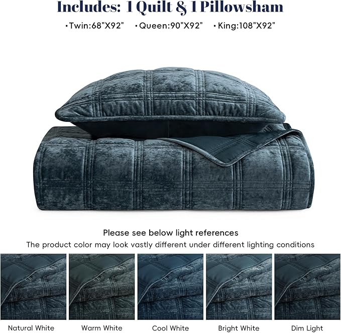 PHF Ultra Soft Velvet Quilt Set Twin Size – 2PCS Luxurious Cozy Quilted Comforter Alternative with Diamond Pattern, Warm Quilted Bedspread Coverlet, 68" x 92", Stormy Blue