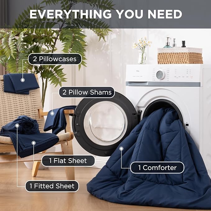 7 Pieces King Comforter Set - Utral Soft Microfiber Bedding Set, Thick Duvet Insert Bed in a Bag Without Rustling Noise for All Season, Navy (102"x90")