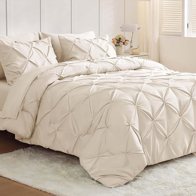 JOLLYVOGUE Twin XL Comforter Set 5 Pieces - Bed in a Bag Twin XL for All Season, Pintuck Bedding Comforter Sets with Comforter, Flat Sheet, Fitted Sheet and Pillowcases & Shams, Beige