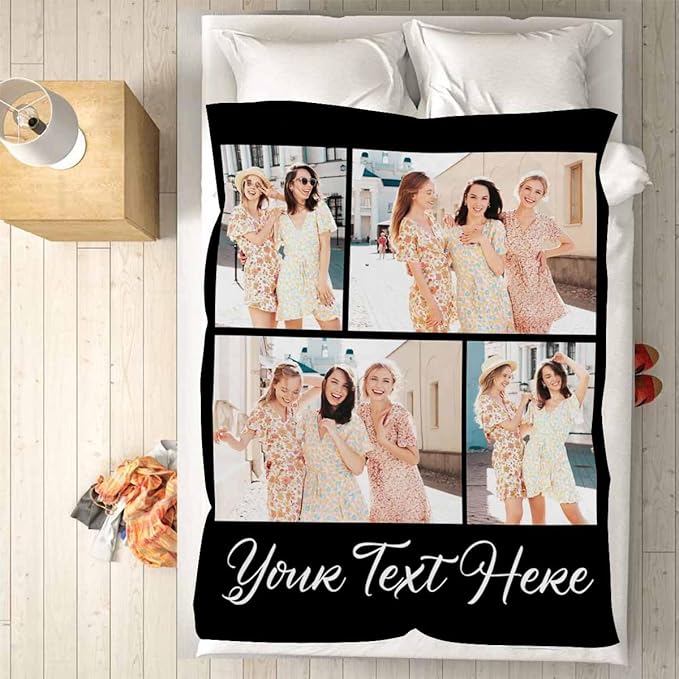 Customized Blanket with Photo, 4 Photos Custom Photo Blanket Personalized Blankets Best Friends Forever, Personalized Gifts for Best Friends, 8 Sizes