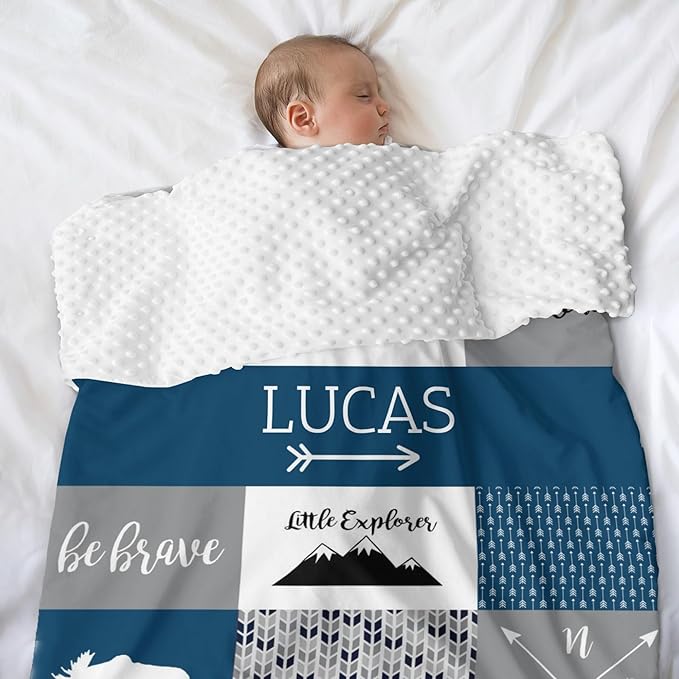 Custom Bear Baby Blanket for Boy, Litter One Blanket with Name - 35 x 45 Blankets with Double Layer Dotted Backing - Shower Gifts for Nursery - Essential Baby Stuff, Dark Slate Blue