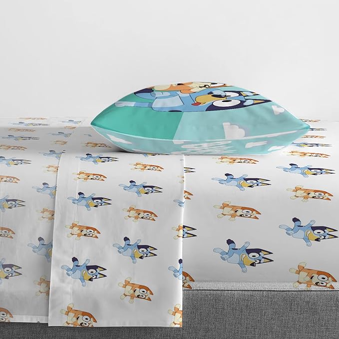 Jay Franco Kids Sheet Set with Fitted, Flat Sheets & Pillow Cover - Ultra-Soft Bedding with Pillowcase for Room Decor, White - Bluey, 3 Piece Toddler