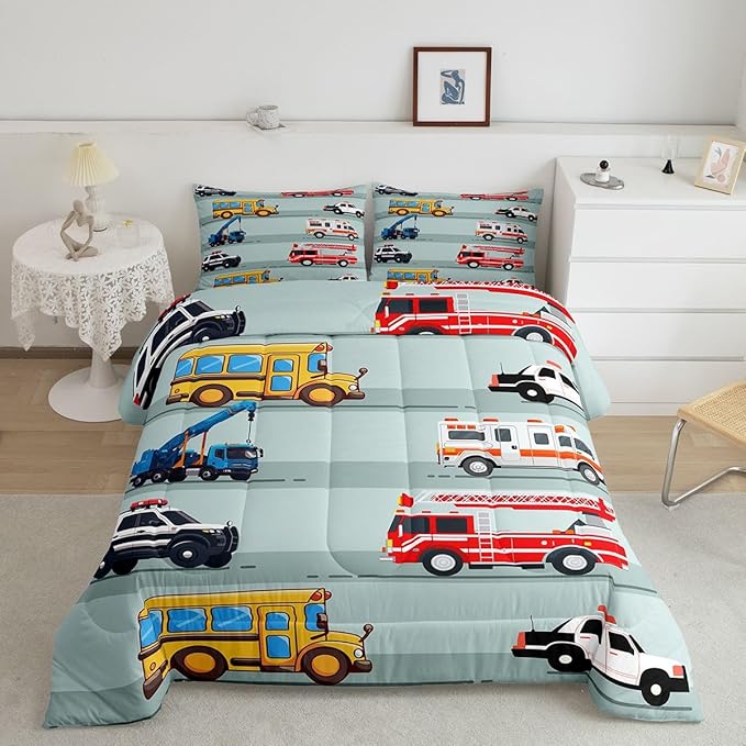 Erosebridal Fire Truck Comforter Set,Police Car Down Comforter Full Size,School Bus Bedding Set for Kids Boys Teens Youth,Equipped Truck Cartoon Vehicle Quilt Duvet Insert Bedroom Dorm Decor 3 Pcs