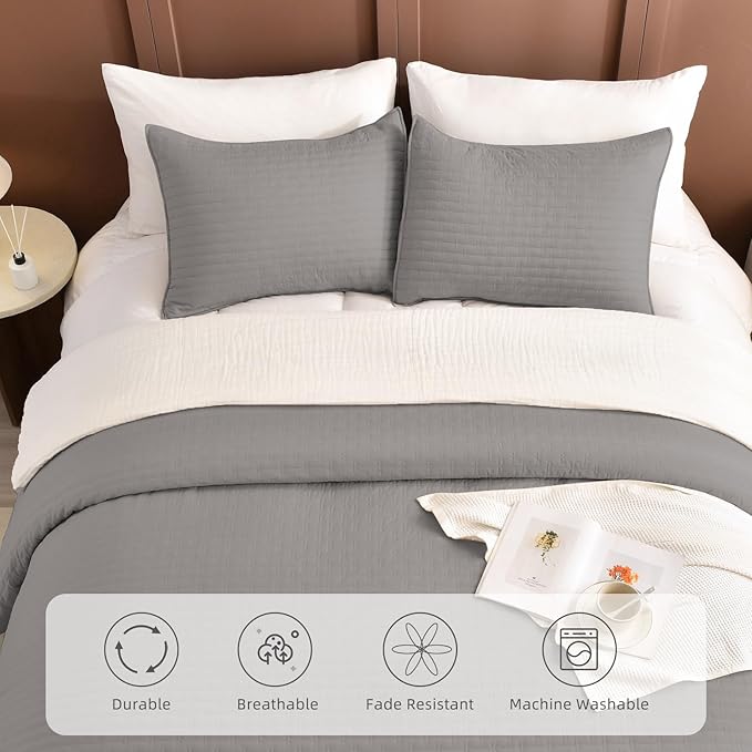 Lady Ann Gray Oversized King Bedspread 120x120, 3Pcs Extra Large Farmhouse Lightweight King Quilt Bedding Set Soft Quilted Bedspreads Thin Comforter for All Season