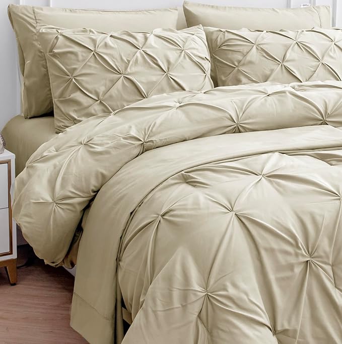 LANE LINEN Full Size Bed in a Bag Comforter - Set of 7 Piece - All-Season Luxury Down Alternative - Classic Pintuck All in One Bedding Collection - Ideal Bedding for Apartments & First Homes – Linen | Timeless style, Breathable comfort, Light cozy fill...