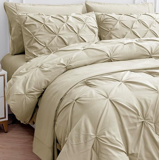LANE LINEN Comforter Queen Size - Set of 7 Piece - Pintuck Stitch Design Bedding with 1 Comforter, 1 Flat Sheet, 1 Fitted Sheet, 2 Pillowcases & 2 Shams - Soft, Warm & Cozy Bedding Collection – Linen | Cozy not heavy, Cozy sleep surface, Very soft feel...