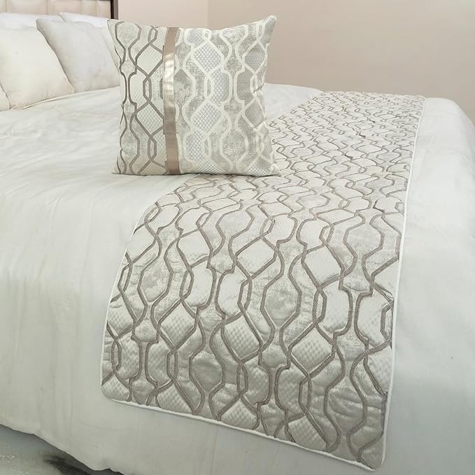 The HomeCentric King/Queen/Twin Ivory & Silver Decorative CA King 86"x18" Bed Runner with 2 Pillow Cover, Lattice & Quilted Bed Scarf on Jacquard Silk Fabric - Ivory Delicacy