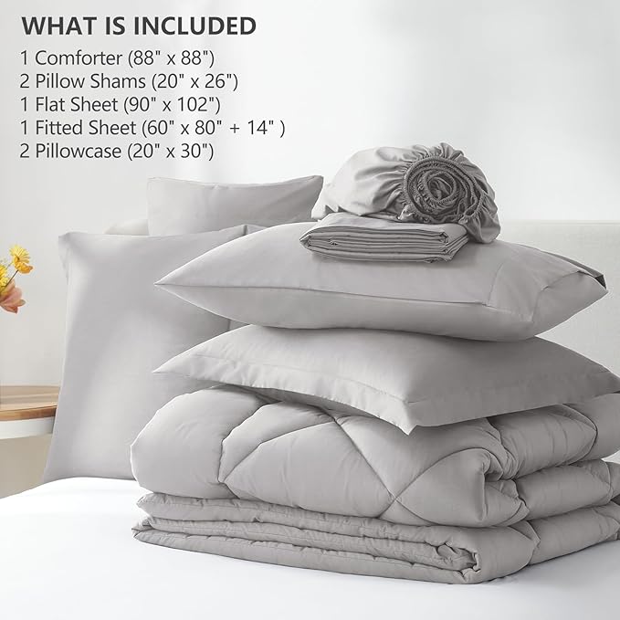 CozyLux Queen Comforter Set French Grey - Bed in a Bag Queen Size 7 Pieces, Luxury Soft Bed Set for All Seasons, Bedding Set with Down Alternative Comforter, Sheets, Pillowcases & Shams