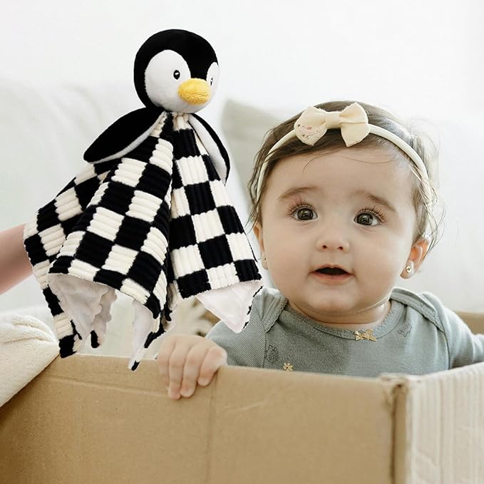 Baby Lovey Blanket for Boys Girls Super Soft Checkerboard Gingham with Minky Dot Fabric Backing Penguin Stuffed Animal Lovely Snuggle Toy Black 14 Inch