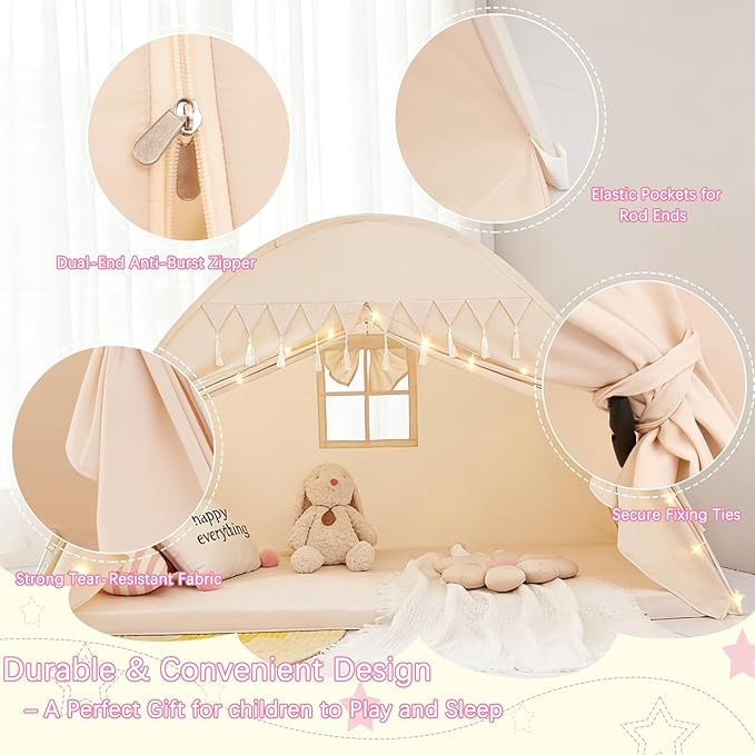 Akiky Bed Tent Bed Canopy Twin Size with Bottom,Kids Tent Indoor Floor with Lights Portable Foldable Bunk Curtains for Girls Boys (Natural, Twin)