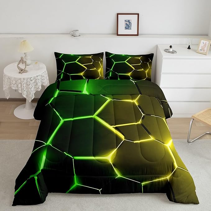 Feelyou Honeycomb Comforter Green Yellow Hexagonal Print Bedding Set for Kids Boys Girls Children Beehive Geometrical Comforter Set Ultra Soft Decor Reticulated Duvet Set Twin Size