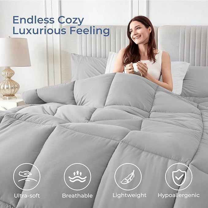 Sasttie Oversized Queen Comforter Set, 7 Pieces Reversible Bed in a Bag, Complete Bedding Set Includes 98''x98'' Comforter, Flat Sheet, Fitted Sheet, Pillowcases and Pillow Shams, Ivory & Light Grey