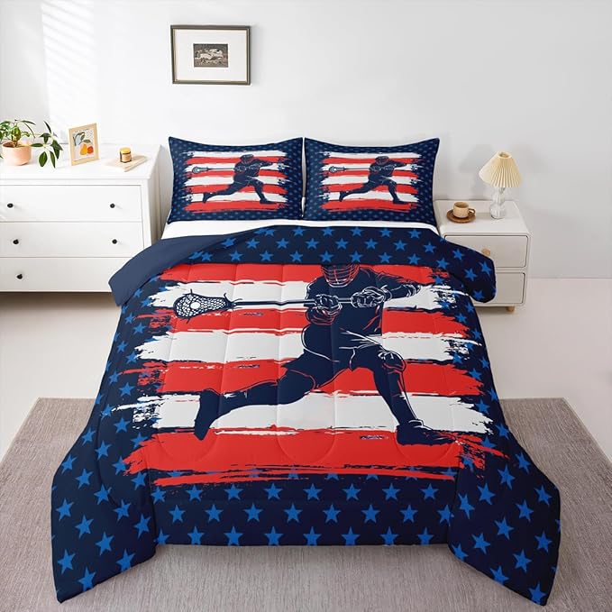Lacrosse Comforter Set Full Size Boys Gilrs American Flag Sports Theme Bedding Set for Kids Adults Ultra Soft Lacrosse Player Games Comforter Navy Blue Duvet Set Room Decor Quilt Set
