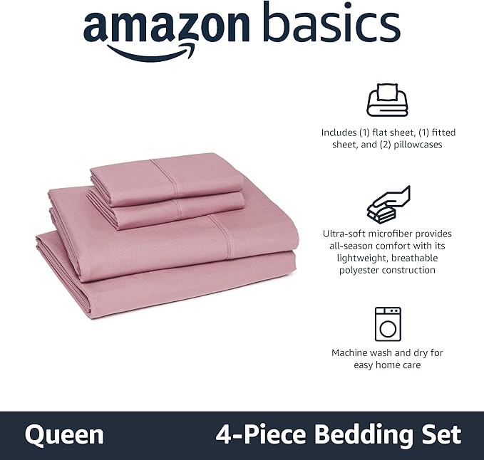 Amazon Basics Lightweight Breathable Microfiber 4-Piece Bed Sheet Set, Queen, Rose, Solid