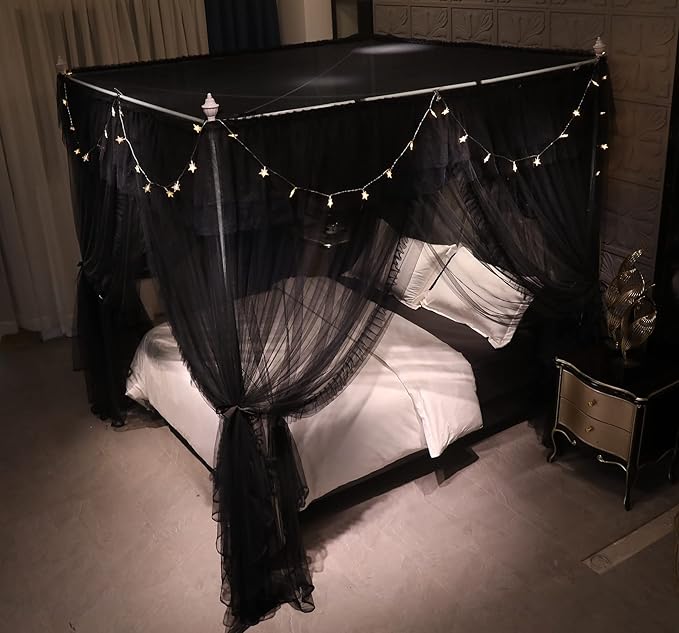 VETHIN 4 Corners Post Ruffle Princess Bed Canopy Curtain-Double Layer Cozy Drape Netting 4 Opening Mosquito Net for Girls Adults Bedroom Decoration (Double-Black, 53" W*78" L*82"*H/(Full))