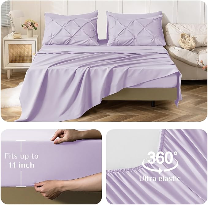 JOLLYVOGUE Full Size Comforter Sets 7 Pieces - Bed in a Bag Full for All Season, Pintuck Bedding Comforter Sets with Comforter, Flat Sheet, Fitted Sheet and Pillowcases & Shams, Light Purple