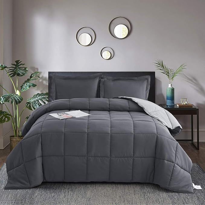 HIG 3pc Gray Oversized King Plus Comforter Set Duvet Insert, Reversible, All Season, Box Stitched, with Corner Tabs, Soft, Fluffy（128'' x 120''）