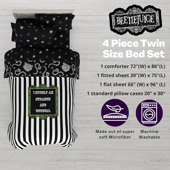 Franco Collectibles Beetlejuice Halloween Striped Bedding 4 Piece Super Soft Comforter and Sheet Set, Twin, (Officially Licensed Product)