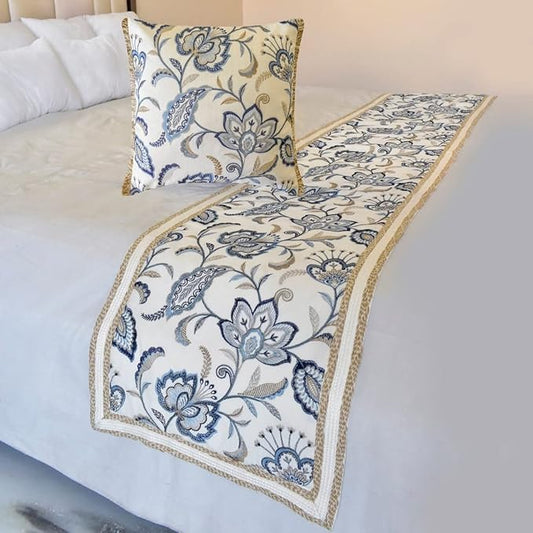 The HomeCentric King/Queen/Twin Blue Designer CA King 86"x18" Bed Runner with 2 Pillow Cover, Floral, Embroidered, Jute Lace & Lace Bed Scarf on Cotton Fabric - Morning Glories