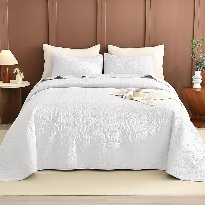 Lady Ann White Oversized King Quilt 120x120, Leaves Pattern Printed Oversized King Bedspreads for Bed, Lightweight & Soft Farmhouse Coverlets All Season Extra Large 3 Pcs Quilted Bedding Sets