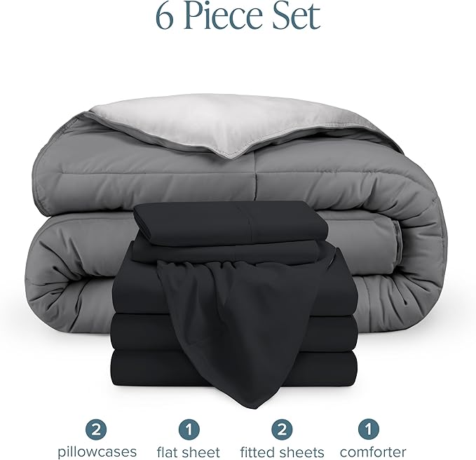 Bare Home Reversible Bed-in-A-Bag Comforter & Sheet Set - Queen - Down Alternative - Soft - Bedding Set (Queen, Grey/Light Grey, Black)