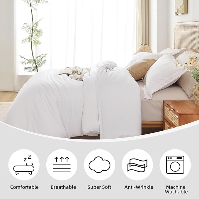 Whitney Home Textile White Duvet Cover Set King Size - 3 Piece Luxury Soft Cooling Duvet Cover with Zipper Closure and Pillow Sham, Breathable Washed Brushed Microfiber, Comforter Not Included