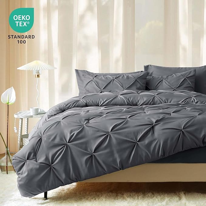 JOLLYVOGUE Queen Comforter Set 7 Pieces - Bed in a Bag Queen for All Season, Pintuck Bedding Comforter Sets with Comforter, Flat Sheet, Fitted Sheet and Pillowcases & Shams, Grey