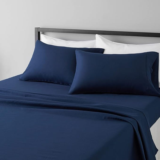 Amazon Basics Lightweight Super Soft Breathable Brushed Microfiber 4 Piece Bed Sheet Set with 14-Inch Deep Pockets, Wrinkle Resistant, Queen, Navy Blue, Solid
