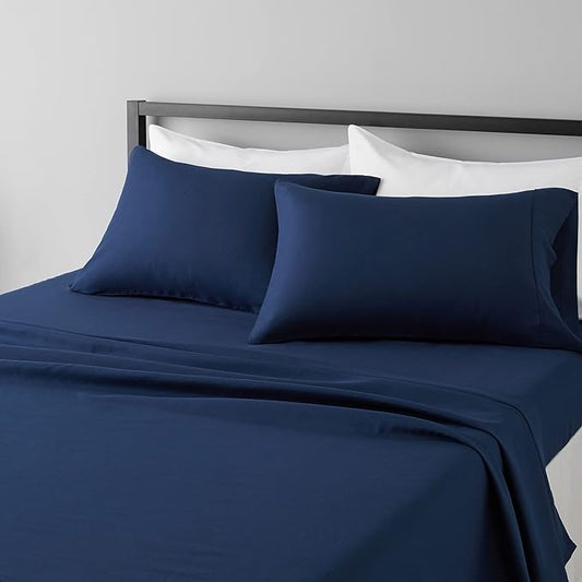 Amazon Basics Lightweight Super Soft Easy Care Breathable Microfiber 4-Piece Bed Sheet Set with 14-Inch Deep Pockets, Machine Washable, Wrinkle Resistant, King, Navy Blue, Solid