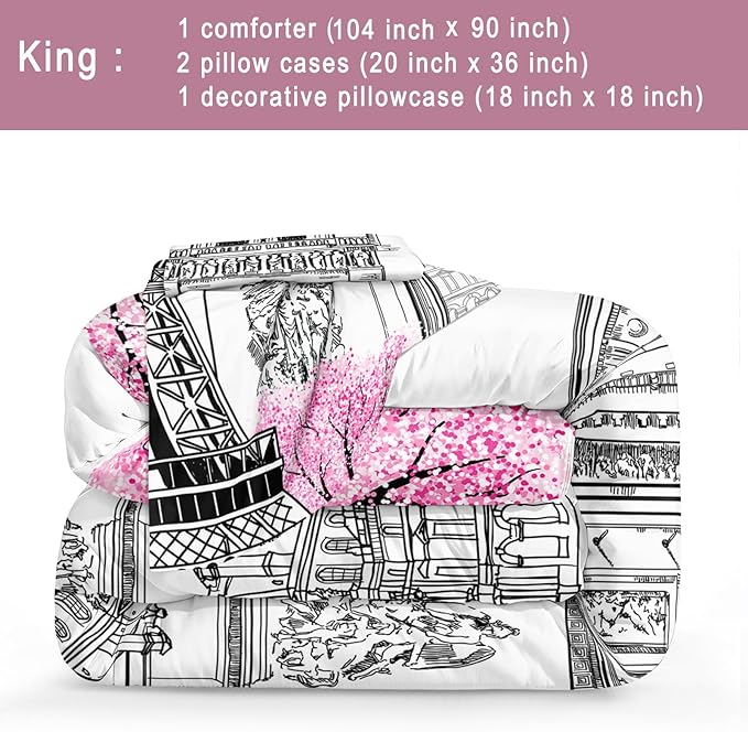 Bedbay Pink Paris Comforter Set Eiffel Tower Duvet Set Aesthetic Bedding for Girls Women Pink and Grey Comforter Quilt Set French Style Summer Lightweight Comforter,No Sheets(Paris,King)