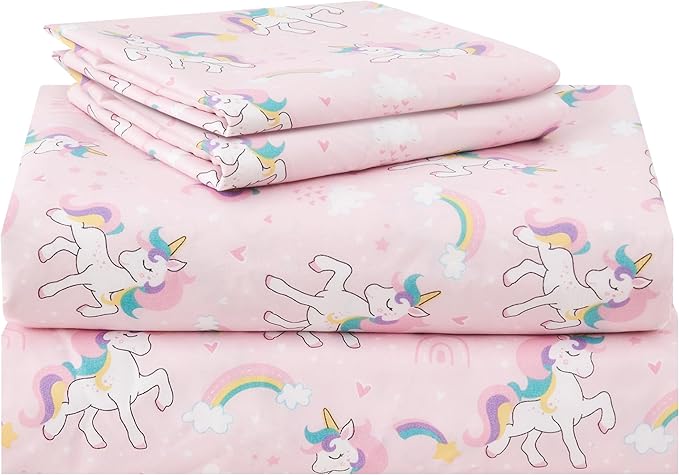 Kids Sheet Set Full Size, Full Sheet Set with Pink Unicorn Pattern，Breathable Silky Soft Microfiber Kids Fitted Sheet