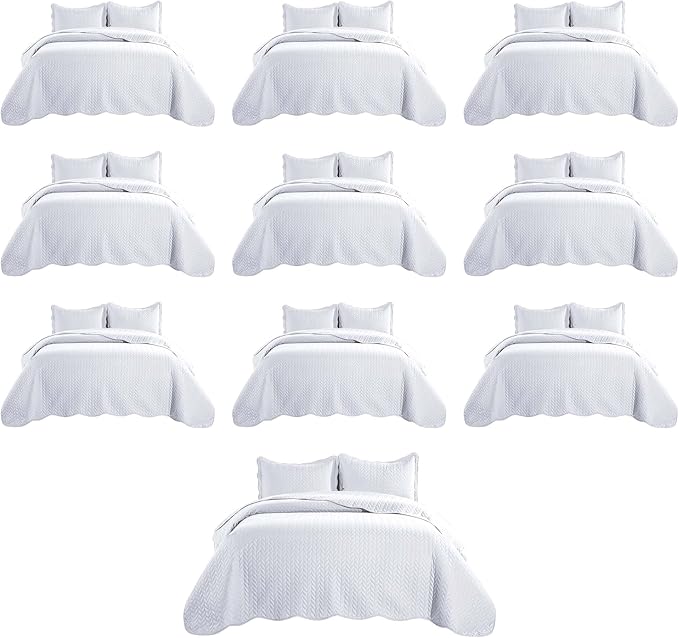 IR Imperial Rooms Queen Quilt Bedding Set (90" x 96") - Bulk Pack of 10 Wholesale for Hotels, Guest Bedroom & Airbnbs - Lightweight Microfiber Reversible Embossed Quilts Bedspreads (White)