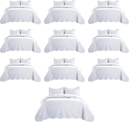 IR Imperial Rooms Queen Quilt Bedding Set (90" x 96") - Bulk Pack of 10 Wholesale for Hotels, Guest Bedroom & Airbnbs - Lightweight Microfiber Reversible Embossed Quilts Bedspreads (White)