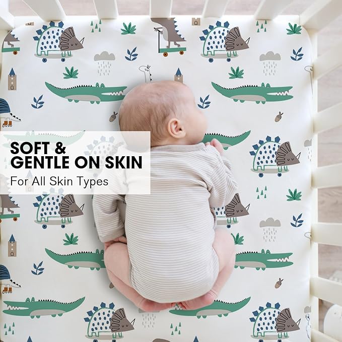 Little Grape Land Crib Sheets for Girls and Boys, 2pk Baby Crib Fitted Sheet for Standard Size Crib and Toddler Mattress, Super Soft Baby Sheet, Green Dinosaur